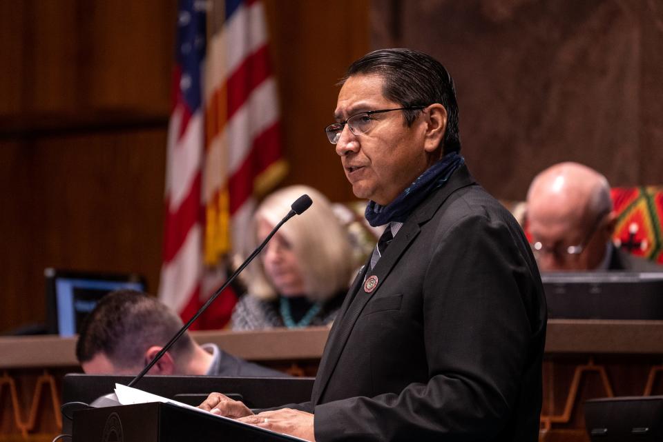 Navajo Nation President Jonathan Nez speaks during the 27th Annual Indian Nations and Tribes Legislative Day at the House of Representatives at the state Capitol on Jan. 12, 2022.