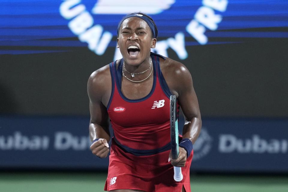 Coco Gauff of the U.S. celebrates after beating Karolina Pliskova of Czech Republic in a match of the Dubai Duty Free Tennis Championships in Dubai, United Arab Emirates, Wednesday, Feb. 21, 2024. (AP Photo/Kamran Jebreili)