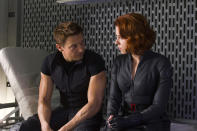 Jeremy Renner as Hawkeye and Scarlett Johansson as Black Widow in Marvel's <a href="http://movies.yahoo.com/movie/the-avengers-2012/" data-ylk="slk:The Avengers;elm:context_link;itc:0;sec:content-canvas" class="link ">The Avengers</a> - 2012