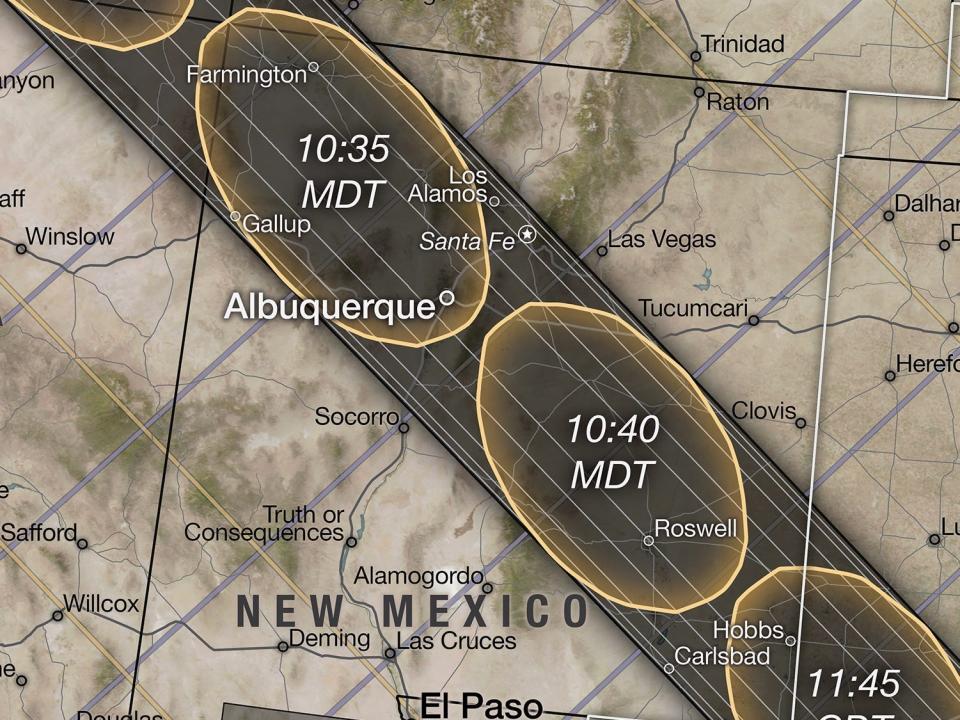 zoomed shot of nasa map shows eclipse shadow running diagonally through New Mexico from the northwest corner to the southeast corner in October 2023