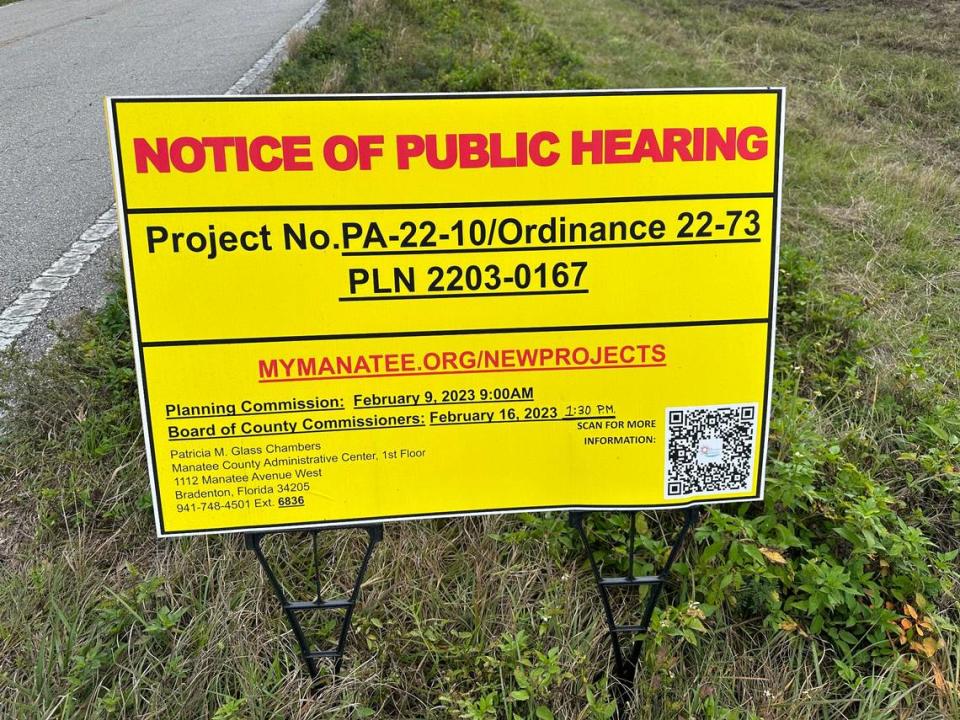 Sign on the shoulder of County Road 675 says that the Manatee County Planning Commission will consider a rezoning request on Feb. 9 to allow residential development on agricultural land. Photo from Jan. 31, 2023