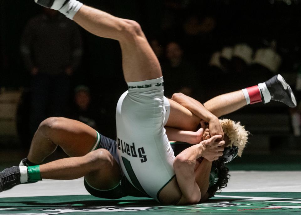 Victor Valley's Avian Singh pinned his opponent during the 144 pound match of the CIF-Southern Section Division 3 Dual Meet Championships on Wednesday, Jan. 31, 2024. Victor Valley captured the title by beating South Torrance 49-19.