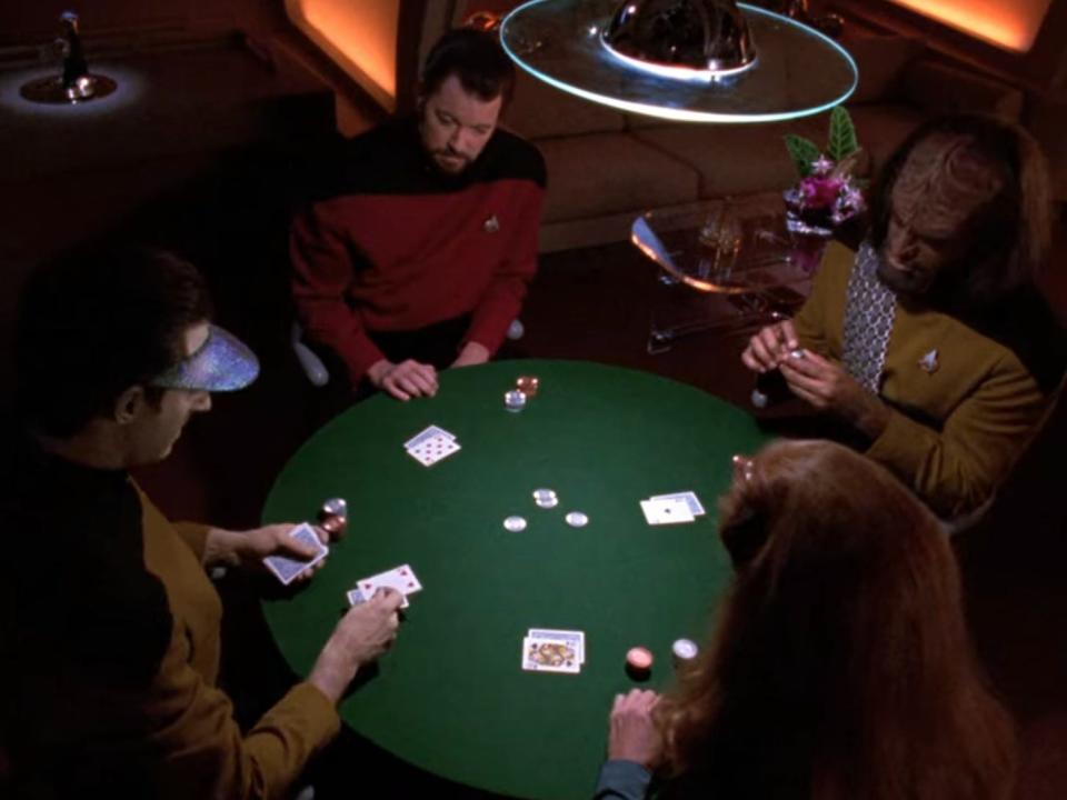 Four people playing poker in Star Trek: The Next Generation