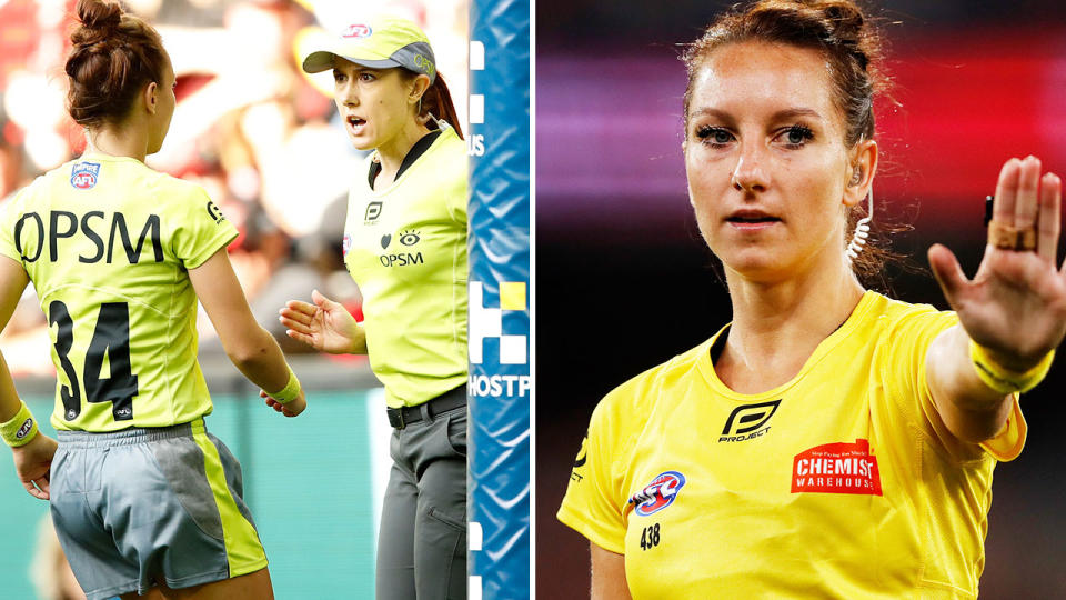 Chelsea Roffey and Eleni Glouftsis, pictured here umpiring in the AFL.