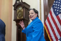 Rep. Jennifer McClellan, D-Va., departs after a ceremonial swearing-in on Capitol Hill, Tuesday, March 7, 2023, in Washington. (AP Photo/Alex Brandon)