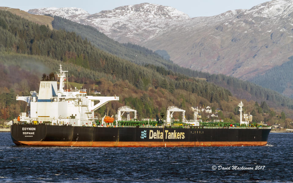 The Greek-flagged oil tanker Sounion is seen heading into the Finnart Ocean Terminal in the United Kingdom on Nov. 29, 2017. The Sounion traveling through the Red Sea came under repeated attack Wednesday, Aug. 21, 2024, leaving the vessel "not under command" and drifting ablaze after an assault suspected to have been carried out by Yemen's Houthi rebels, the British military said. (David Mackinnon via AP)