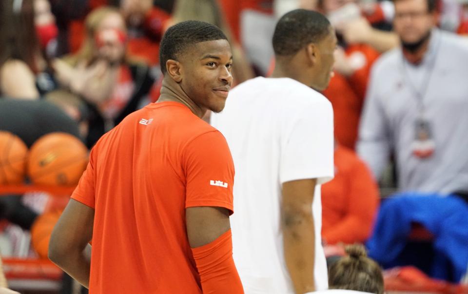 Ohio State's E.J. Liddell smiles during warmups before a Nov. 30 game against the Duke Blue Devils