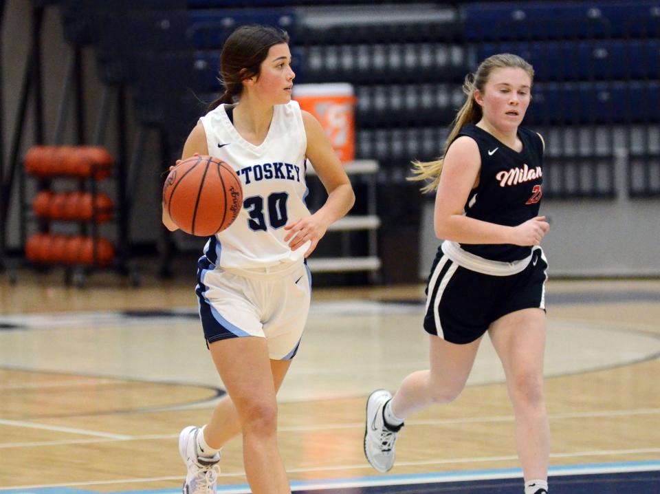 Petoskey guard Ellie Stolzenfels pushes the ball down the court in the first half against Milan. The night came with a birthday celebration for Stolzenfels with the first win of the season attached.