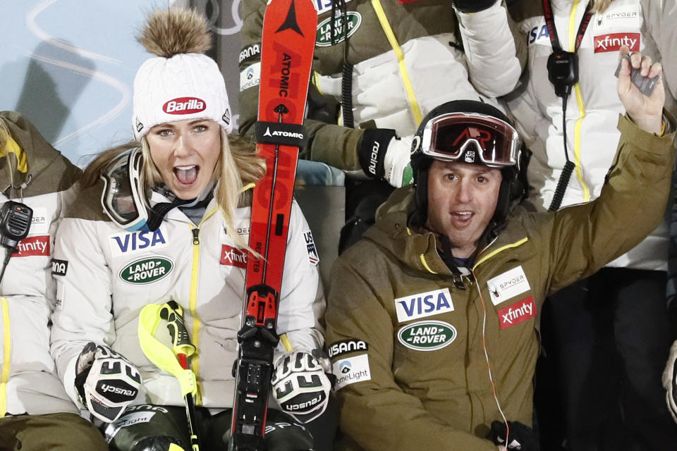 FILE - United States' Mikaela Shiffrin sits next to coach Mike Day, in Zagreb, Croatia, on Jan. 4, 2020. American skiing standout Mikaela Shiffrin had an unexpected parting with her longtime coach, Mike Day, during the middle of the world championships after informing him that she planned to take a new direction with her staff at the end of the season.(AP Photo/Gabriele Facciotti, File)