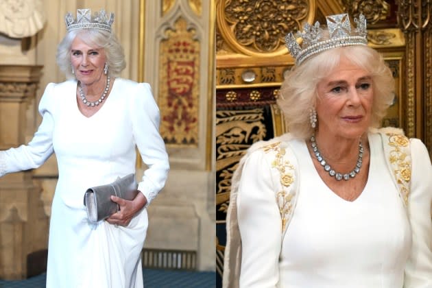 Queen Camilla Embraces Statement Shoulders in Fiona Clare Gown With Crown  From Queen Elizabeth II's Collection for State Opening of Parliament  Alongside King Charles III