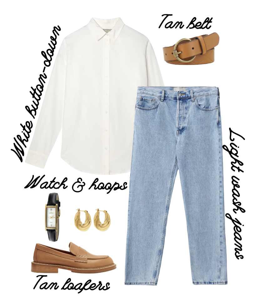 A flat lay of Princess Diana's casual chic outfit interpreted for 2023