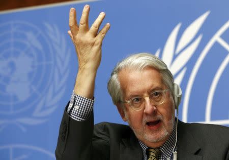 Paulo Pinheiro, chairperson of the International Commission of Inquiry on Syria, gestures during a news conference at the United Nations in Geneva November 14, 2104. Islamic State commanders are liable for war crimes on a "massive scale" in northeast Syria where they spread terror by beheading, stoning and shooting civilians and captured fighters, U.N. investigators said on Friday. REUTERS/Denis Balibouse (SWITZERLAND - Tags: POLITICS)