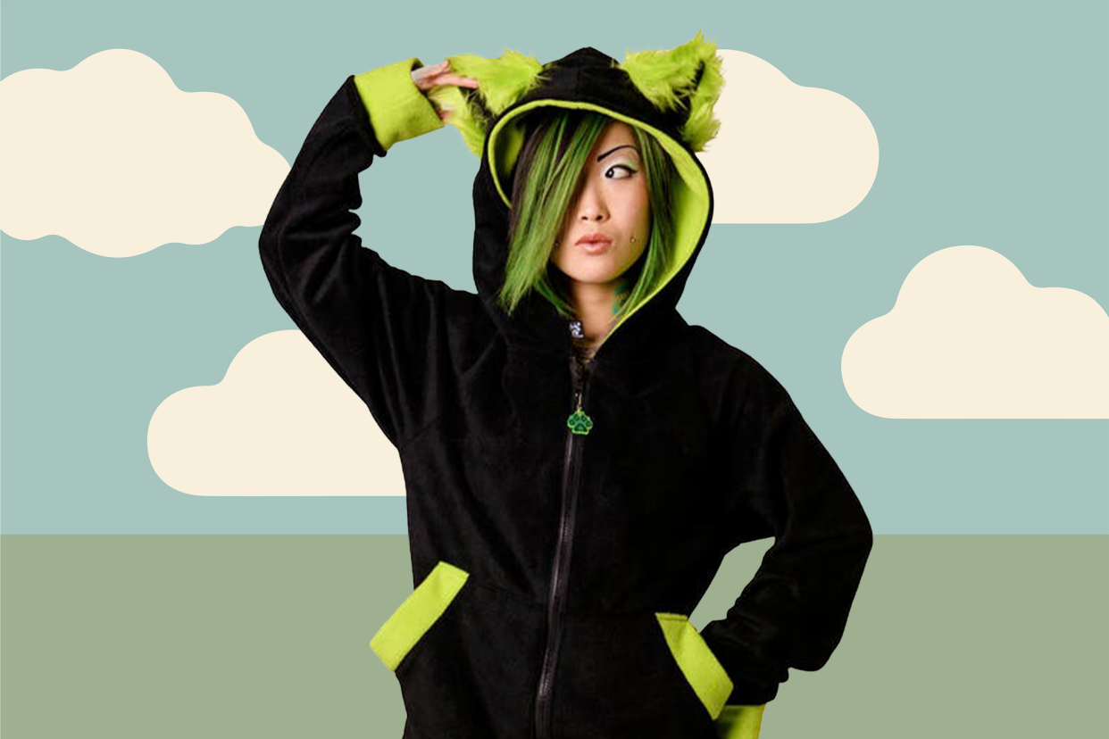 woman wearing a black cat hoodie