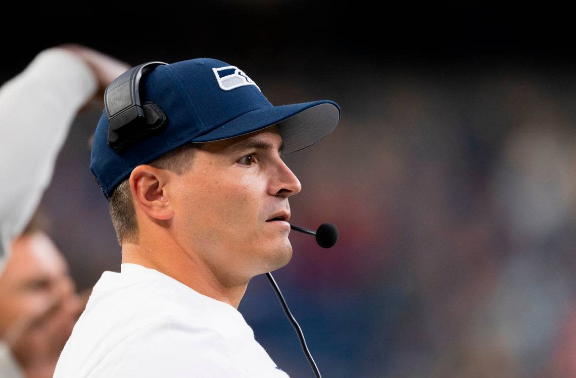 Seahawks head coach Mike Macdonald during the first quarter of an NFL preseason game against the Cleveland Browns at Lumen Field in Seattle Saturday, Aug. 24, 2024.