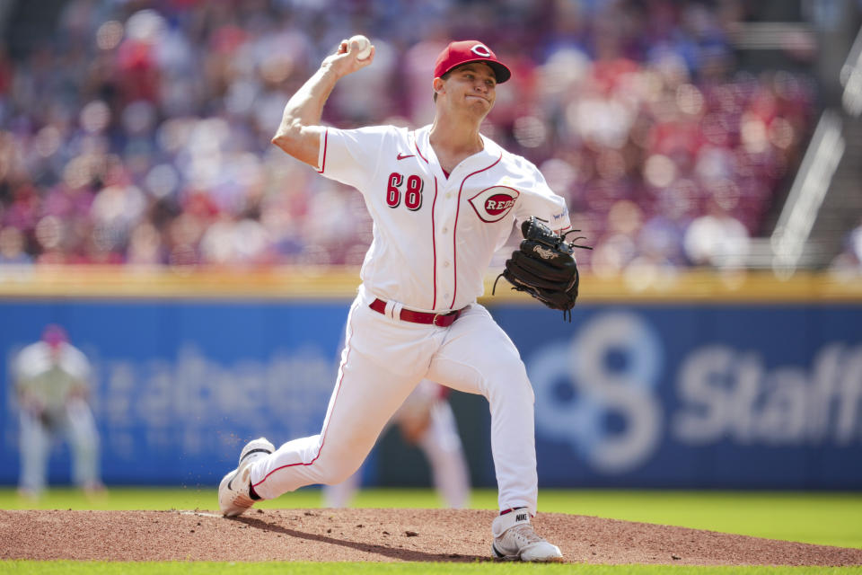 Cincinnati Reds' Carson Spiers throws during the first inning of a baseball game against the Chicago Cubs in Cincinnati, Sunday, Sept. 3, 2023. (AP Photo/Aaron Doster)