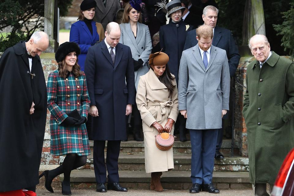 Princess Beatrice, Princess Eugenie, Princess Anne, Princess Royal, Prince Andrew, Duke of York, Prince William, Duke of Cambridge, Prince Philip, Duke of Edinburgh, Catherine, Duchess of Cambridge, Meghan Markle and Prince Harry