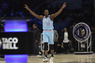 Miami Heat's Bam Adebayo celebrates after winning his heat in NBA basketball's All-Star skills challenge Saturday, Feb. 15, 2020, in Chicago. (AP Photo/David Banks)