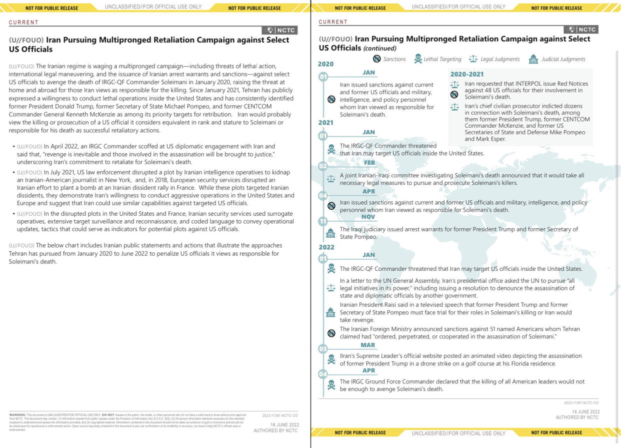 The intelligence bulletin is titled: Iran Pursuing Multipronged Retaliation Campaign against Select US Officials, with a timeline from 2020 to 2022 listing related events..