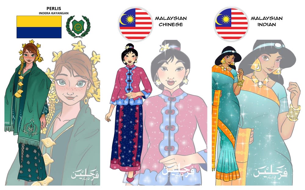 Farah Lina's artwork includes Anna in Kebaya Perlis, Mulan in kebaya with the Chinese collar and Princess Jasmine in saree. — Picture courtesy via Farah Lina