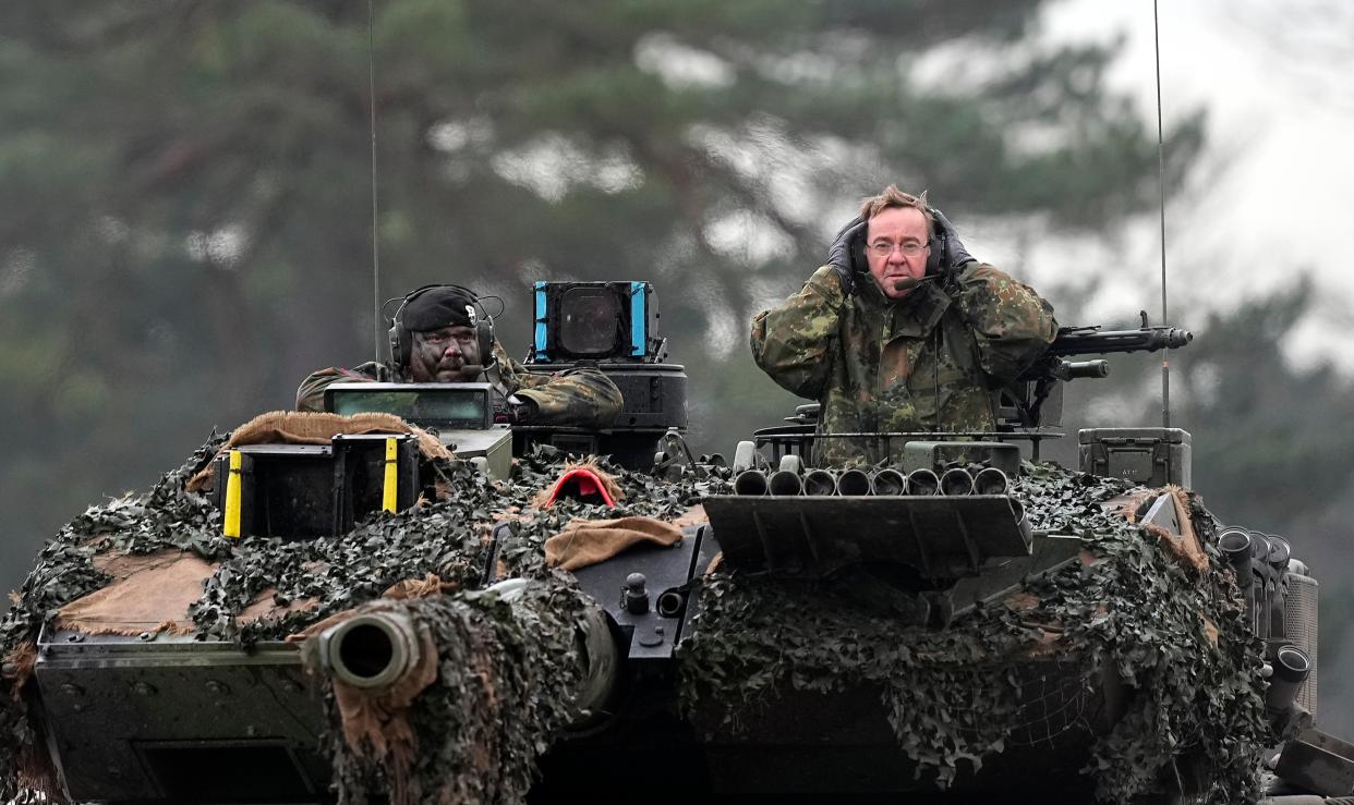 Boris Pistorius sits in a German Leopard tank (Copyright 2023 The Associated Press. All rights reserved.)