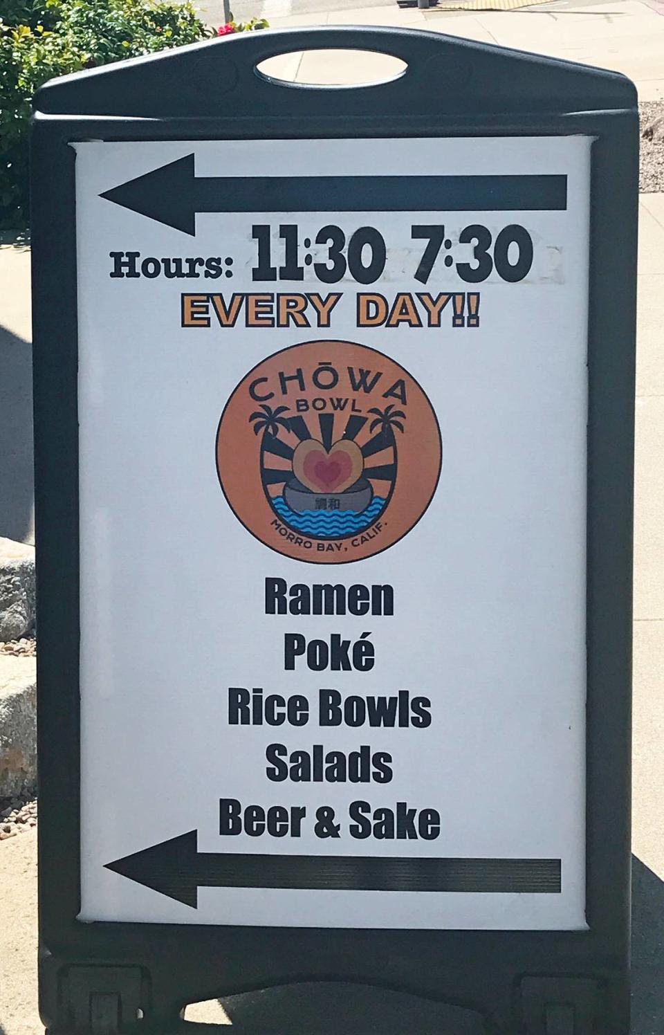 The Chowa Bowl restaurant in Morro Bay now has indoor seating and is open seven days a week.