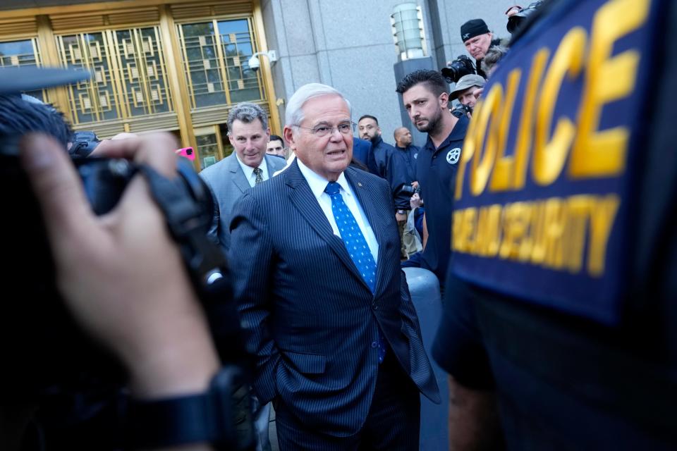 Senator Bob Menendez is shown outside U.S. District Court, on Pearl Street in the Southern District of New York, after he pleaded not guilty during an arraignment to, one count of conspiracy to commit bribery, one count of conspiracy to commit honest services fraud, and one count of conspiracy to commit extortion under color of official right, Wednesday, September 27, 2023.
