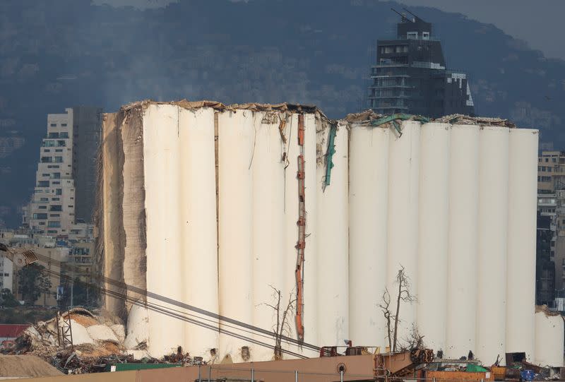 A view shows the partially-collapsed Beirut grain silos, damaged in the August 2020 port blast, in Beirut