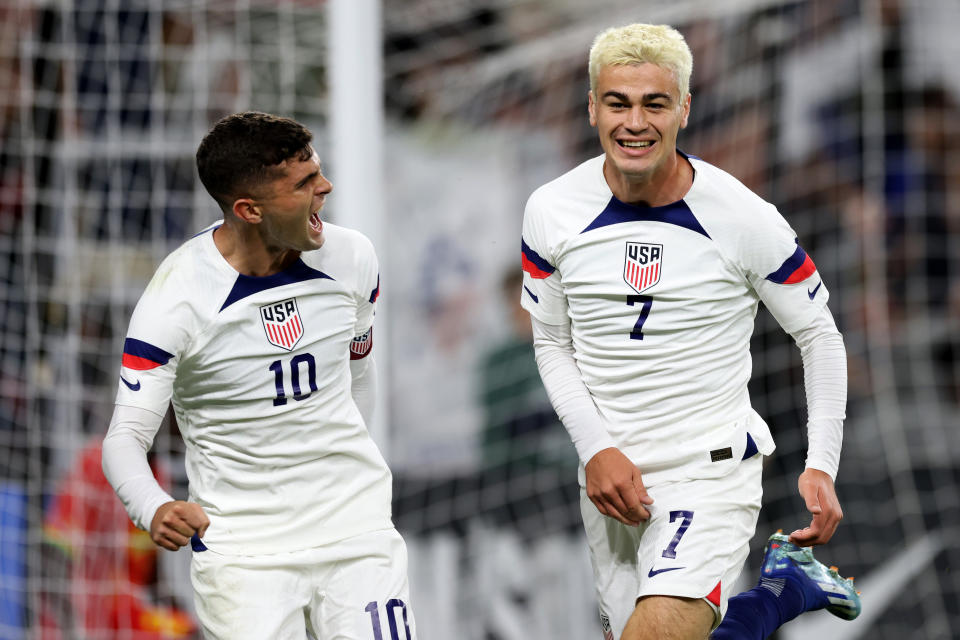 NASHVILLE, TENNESSEE - OCTOBER 17: Gio Reyna #7 of the United States celebrates scoring with Christian Pulisic #10 during the first half against Ghana during an international friendly at GEODIS Park on October 17, 2023 in Nashville, Tennessee. (Photo by John Dorton/ISI Photos/USSF/Getty Images for USSF)