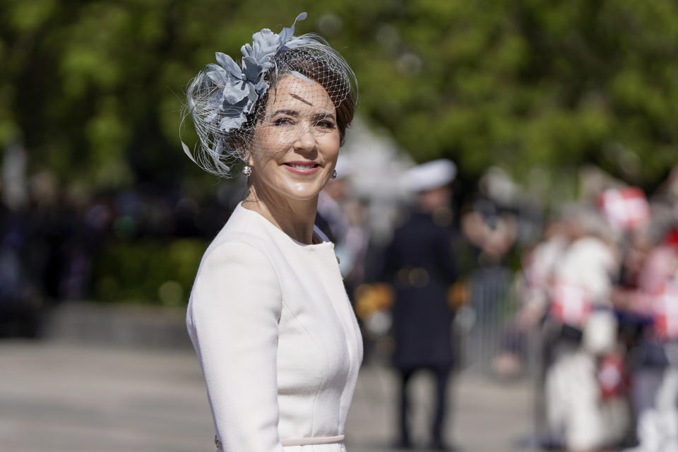 Queen Mary of Denmark arrives in Oslo, Norway, Tuesday, May 14, 2024 to be welcomed by Norway's King Harald, Queen Sonja, Crown Prince Haakon and Crown Princess Mette-Marit. (Håkon Mosvold Larsen/NTB Scanpix via AP)