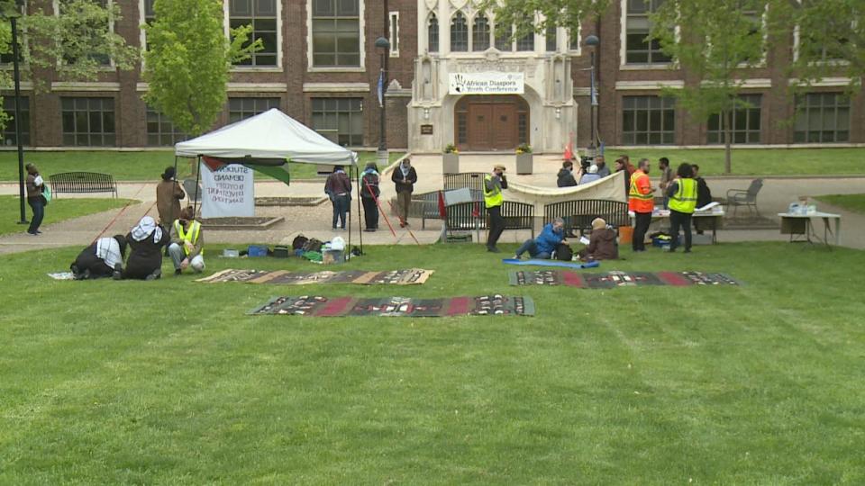 Some University of Windsor students and faculty protested in support of boycotts, divestment and sanctions in front of the university's Dillon Hall on May 9, 2024. 