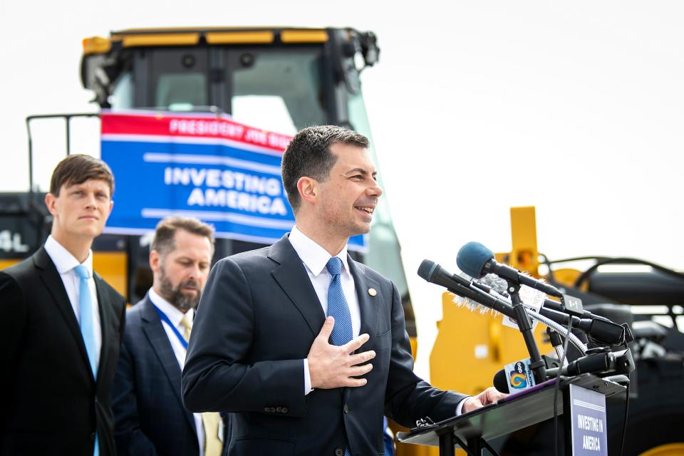 Transportation Secretary Pete Buttigieg speaks during a news conference for a $20 million construction project grant from the Bipartisan Infrastructure Law, Thursday, May 25 at the Eastern Iowa Airport (CID) in Cedar Rapids.