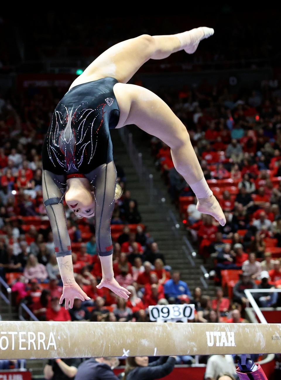 Utah’s Makenna Smith does her beam routine as the Utah Red Rocks compete against Oregon State in a gymnastics meet at the Huntsman Center in Salt Lake City on Friday, Feb. 2, 2024. Utah won. | Kristin Murphy, Deseret News