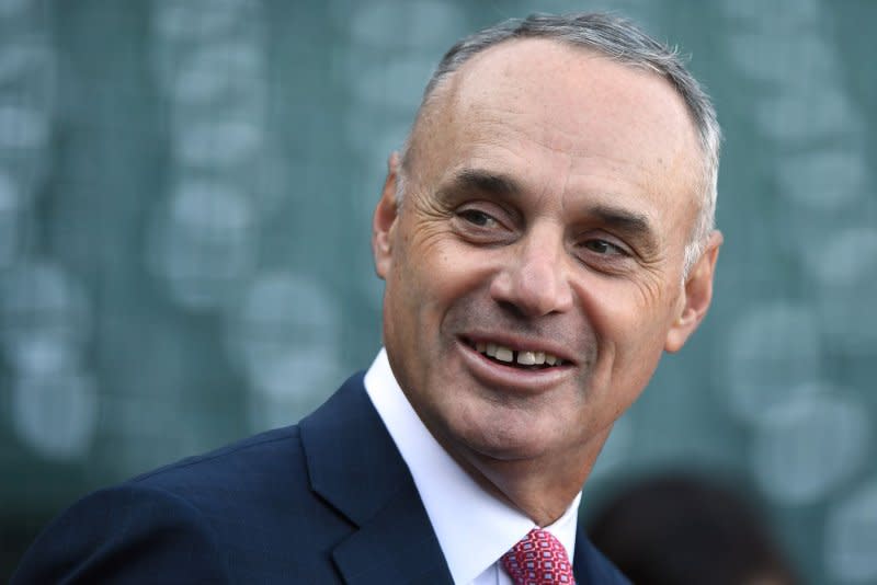 MLB commissioner Rob Manfred said rule changes implemented in 2023 "restored baseball" to a more action-packed game. File Photo by Terry Schmitt/UPI