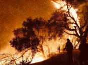 <p>Firefighters knock down flames as they advance on homes atop Shepherd Mesa Road in Carpinteria, Calif on Dec. 10, 2017. (Photo: Mike Eliason/Santa Barbara County Fire Department via AP) </p>