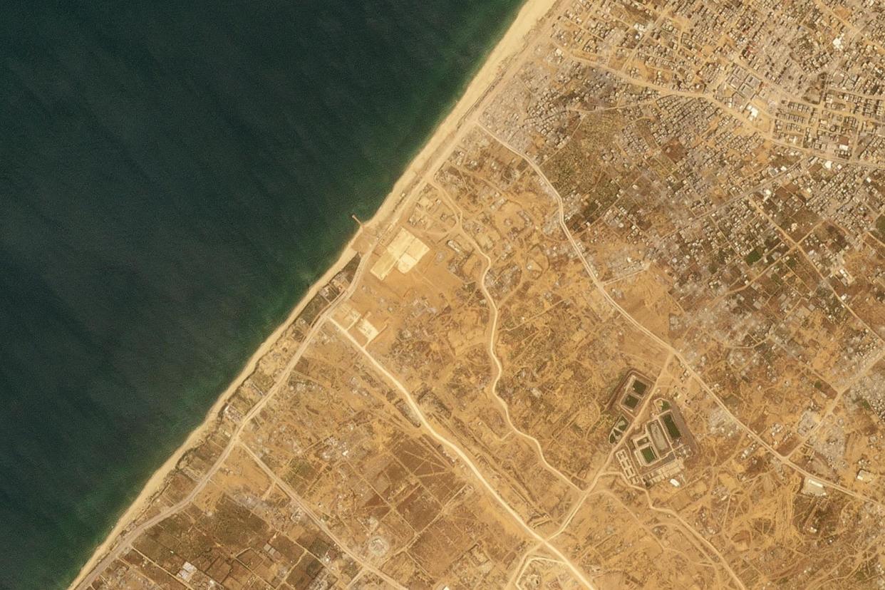 PHOTO: This satellite picture taken by Planet Labs PBC show the construction of a new aid port near Gaza City, Gaza Strip, on Apr. 18, 2024.  (Planet Labs Pbc/AP)