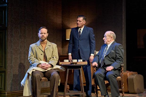 Family tensions: Warring Sam Alexander's Teddy, left, and Mathew Horne's Lenny with Ian Bartholomew's mediator, Uncle Sam, in The Homecoming