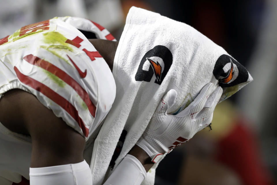 San Francisco 49ers' Emmanuel Sanders sits on the bench during the second half of the NFL Super Bowl 54 football game against the Kansas City Chiefs Sunday, Feb. 2, 2020, in Miami Gardens, Fla. (AP Photo/Chris O'Meara)