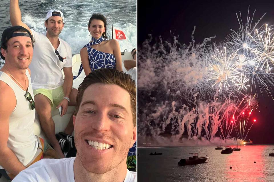 <p>Shaun White/Instagram</p> Shaun White, Nina Dobrev, Miles Teller and Chace Crawford celebrate New Year