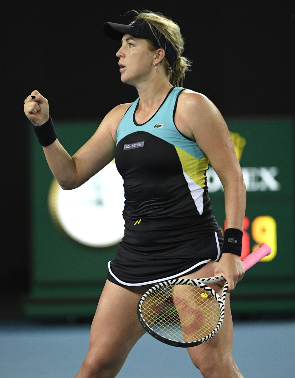 Russia's Anastasia Pavlyuchenkova reacts after winning the second set against Germany's Angelique Kerber during their fourth round singles match at the Australian Open tennis championship in Melbourne, Australia, Monday, Jan. 27, 2020. (AP Photo/Andy Brownbill)