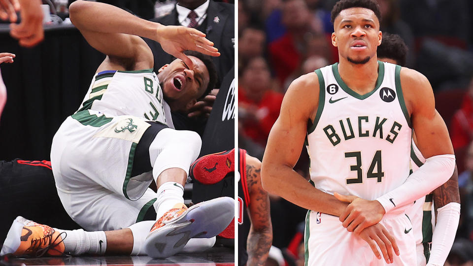 Giannis Antetokounmpo crashes into the stanchion on the left, and grimaces as he flexes his wrist on the right.