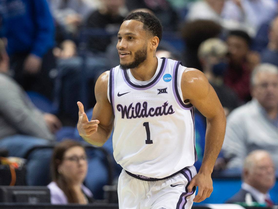 Kansas State’s Markquis Nowell celebrates after one of his three made three-pointers in the Wildcats’ 77-65 win over Montana State in Friday’s NCAA Tournament game. A 5-foot-8 senior, Nowell finished with 17 points and 14 assists.