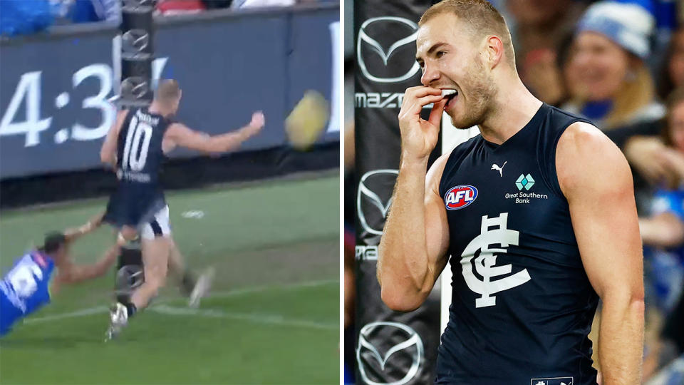 Carlton forward Harry McKay's ill-fated shot on goal is seen left, with McKay reacting in exasperation on the right.