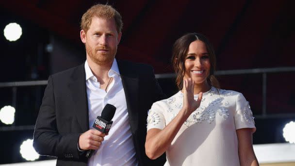 PHOTO: (FILES) In this file photo taken on Sept. 25, 2021, Britain's Prince Harry and Meghan Markle, Duchess of Sussex, speak during an event at the Great Lawn, Central Park in New York City.  (Angela Weiss/AFP via Getty Images, FILE)