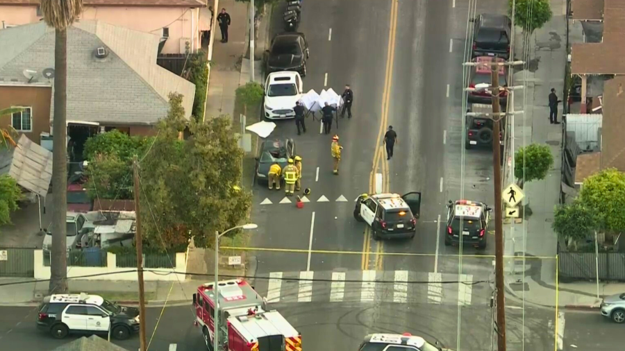 A white canopy is set up over what appears to be a victim of a pursuit crash in Los Angeles on April 24, 2024.