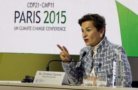 Christiana Figueres, Executive Secretary of the United Nations Framework Convention on Climate Change (UNFCCC), attends a news conference during the World Climate Change Conference 2015 (COP21) at Le Bourget, near Paris, France, in this December 7, 2015 file photo. REUTERS/Jacky Naegelen/Files