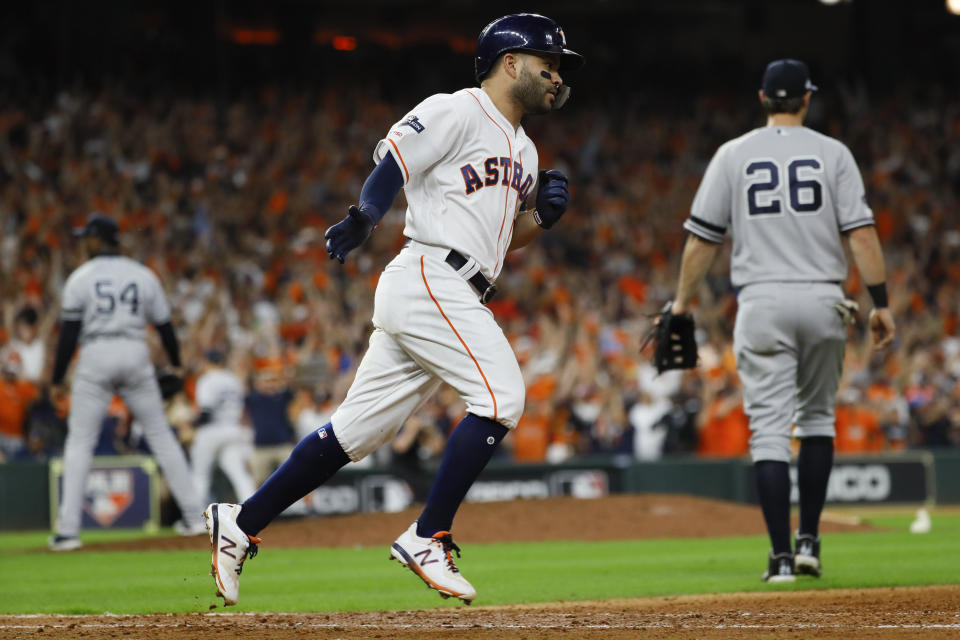 Houston Astros' Jose Altuve rounds the bases after a two-run walk-off to win Game 6 of baseball's American League Championship Series against the New York Yankees Saturday, Oct. 19, 2019, in Houston. The Astros won 6-4 to win the series 4-2. (AP Photo/Matt Slocum)