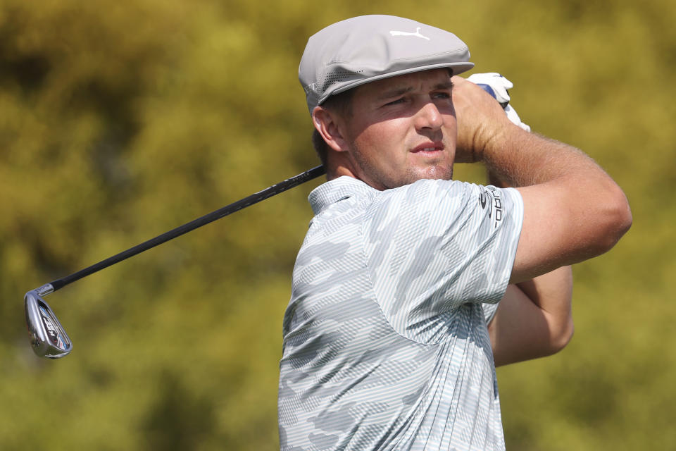 Bryson DeChambeau tees off on the first hole during the third round of the Shriners Hospital for Children Open golf tournament, Saturday, Oct. 10, 2020, in Las Vegas. (Erik Verduzco/Las Vegas Review-Journal via AP)