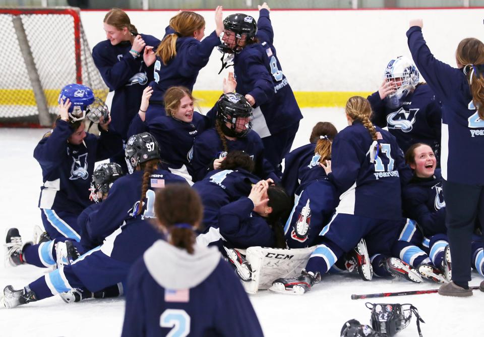 The North Avalanche celebrate after defeating the Rockland Rockies 4-0 in the Section 1 girls hockey championship at the Brewster Ice Arena Feb. 8, 2024. Feb. 7, 2024.