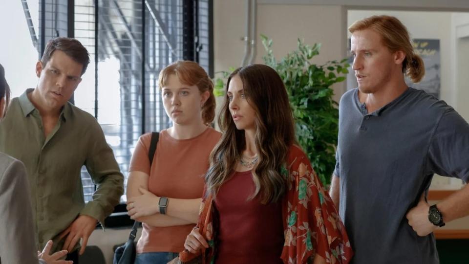 Jake Lacy, Essie Randles, Alison Brie and Conor Merrigan-Turner in “Apples Never Fall.” (Peacock)