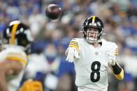 Pittsburgh Steelers quarterback Kenny Pickett (8) throws during the first half of an NFL football game against the Indianapolis Colts, Monday, Nov. 28, 2022, in Indianapolis. (AP Photo/Michael Conroy)